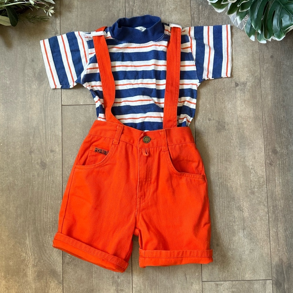 Vintage 90s Boys Retro Suspender Overalls Shorts & Striped Color Block Shirt Set